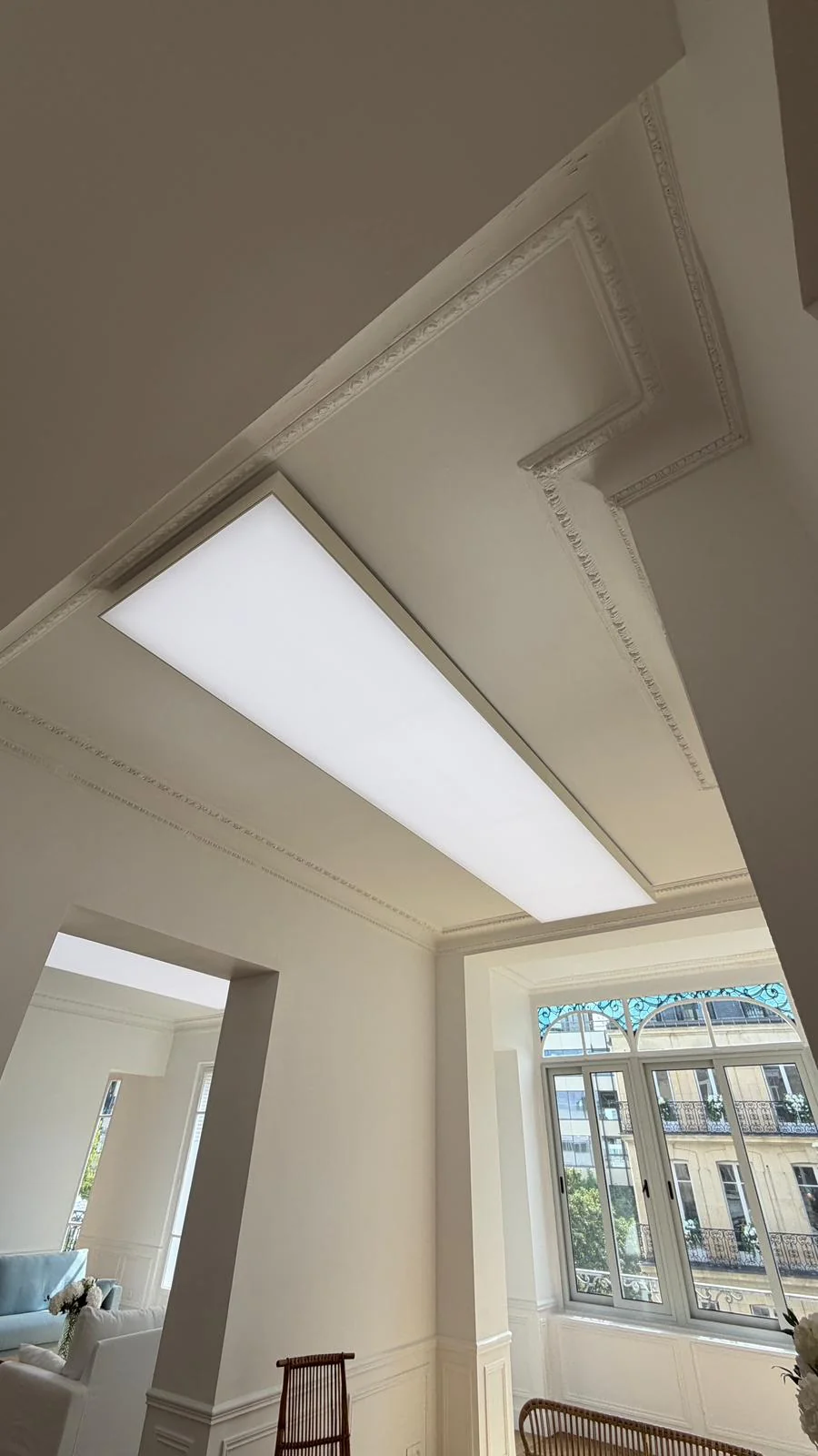 Surface-mounted lightbox frame beside the original decorative ceiling